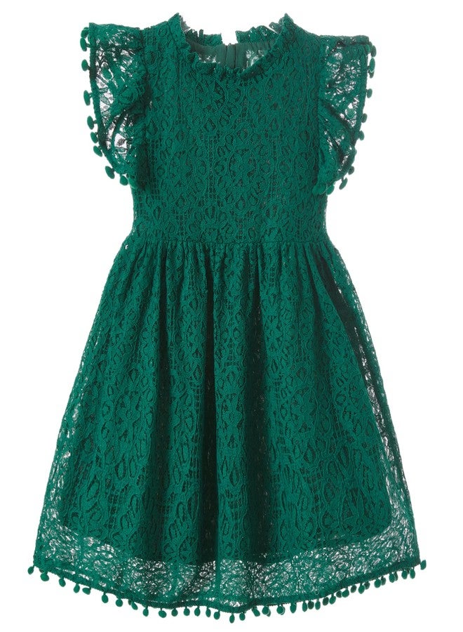 Niyage Toddler Girls Elegant Lace Pom Pom Flutter Sleeve Party Princess Dress Dark Green 140 - Image 1